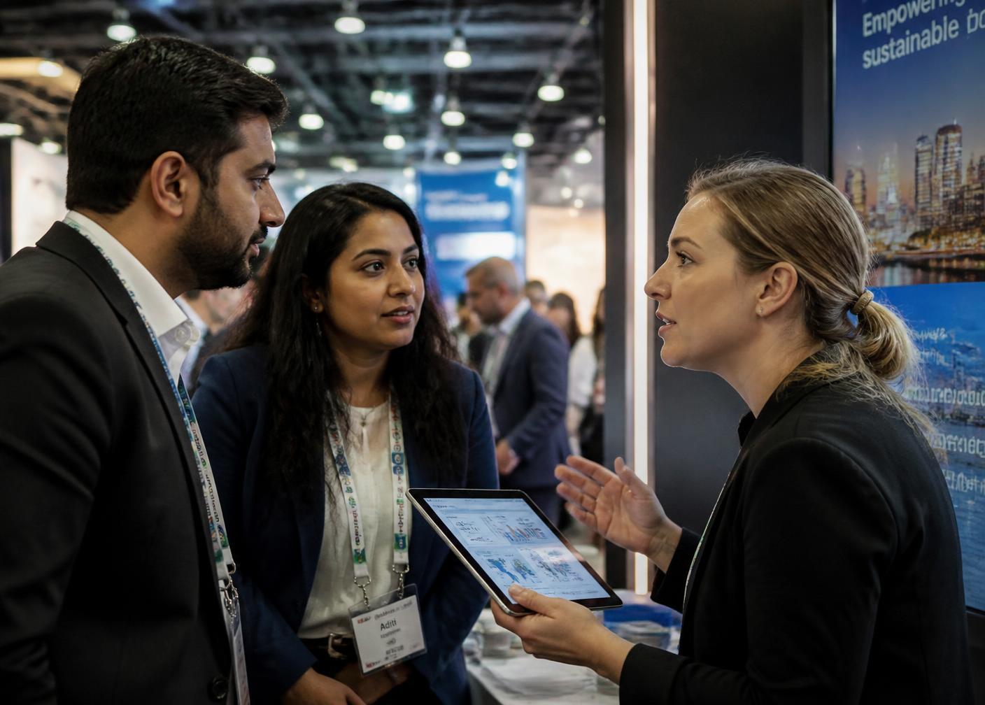 Two international buyers reviewing supplier data on a tablet with an exhibitor at a trade show stand