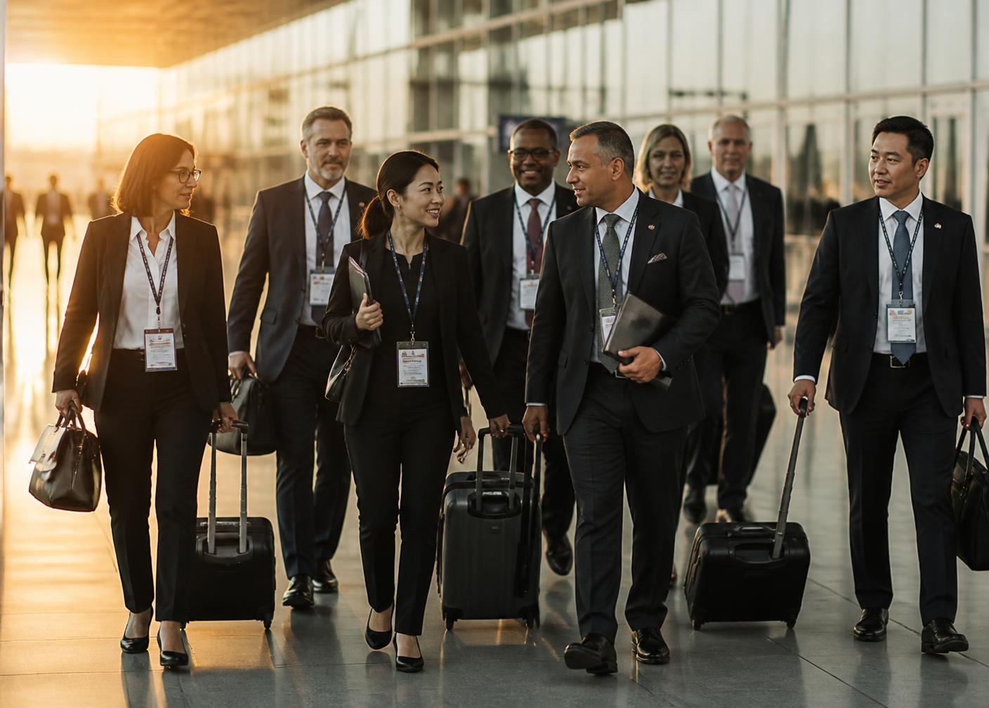 A government trade delegation of business leaders arriving through an airport concourse at dawn