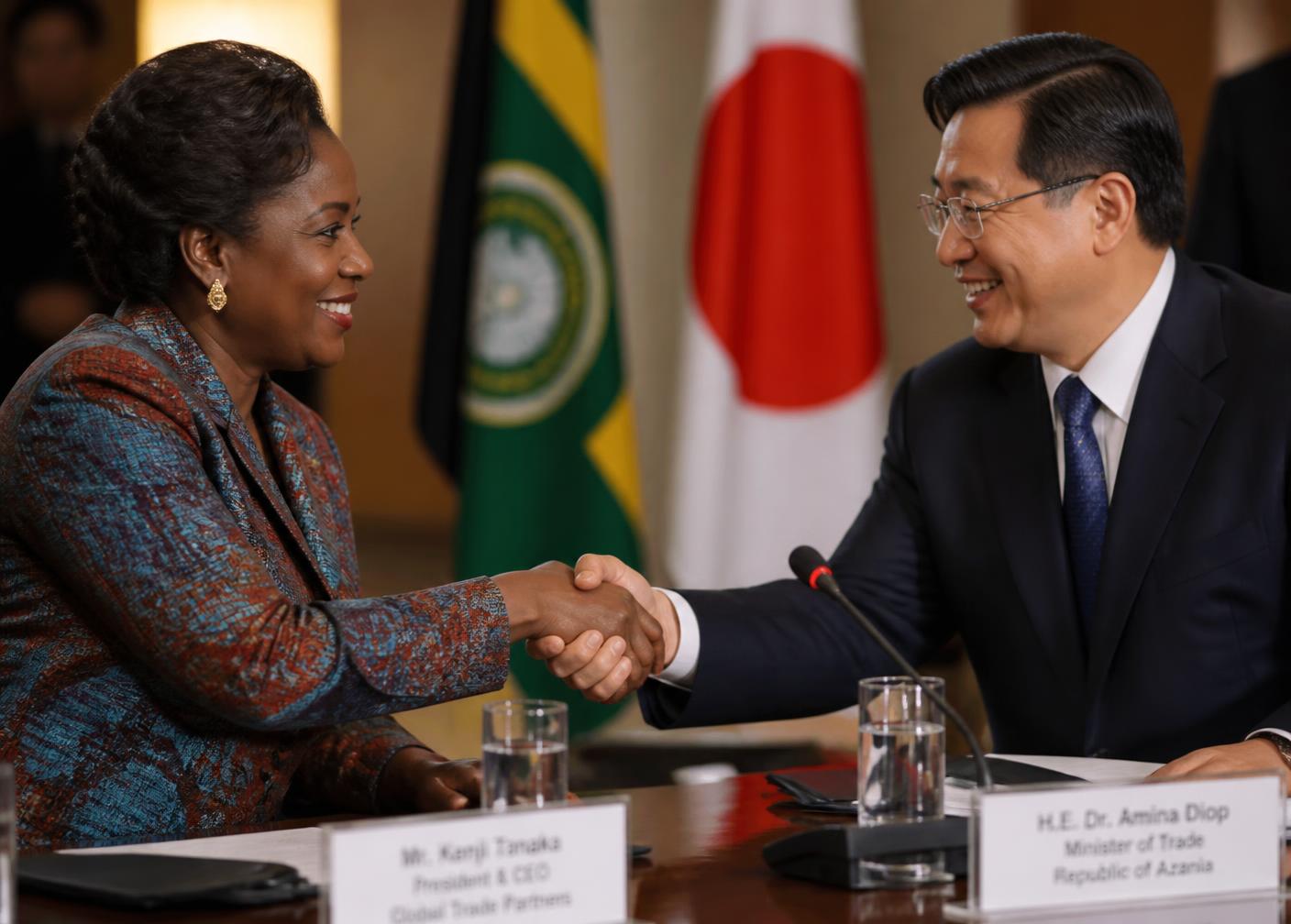 A trade minister and a corporate chief executive shaking hands after signing a bilateral agreement
